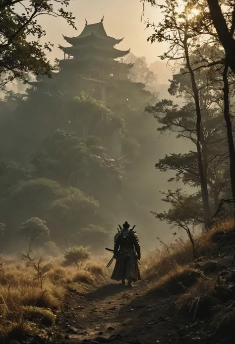 standing in bright sunlight, Highly dramatic lighting ral-dissolve Action Scene, Feudal samurai wearing bright white fantasy armor with jelly Emblem coming Out of the Fog wearing a partially burning intricate detailed samurai Armor, cloak over one shoulder, atmospheric backlight, atmospheric haze, Film grain, cinematic film still, shallow depth of field, highly detailed, high budget, cinemascope, moody, epic, OverallDetail, gorgeous, 2000s vintage RAW photo, photorealistic, candid camera, color graded cinematic, eye catchlights, atmospheric lighting, skin pores, imperfections, natural, shallow dof, deep blacks, high monochrome contrast,