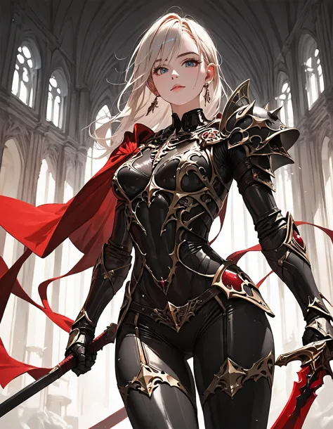 a woman in a black and red outfit holding a sword