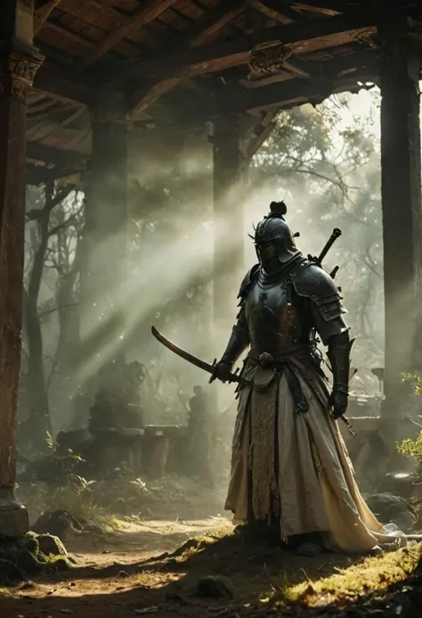 em pé sob a luz solar intensa, Iluminação altamente dramática Cena de ação ral-dissolve, Samurai feudal vestindo uma armadura de fantasia branca brilhante com emblema de geléia saindo do nevoeiro vestindo uma armadura de samurai detalhada e intrincada parcialmente queimando, manto sobre um ombro, luz de fundo atmosférica, neblina atmosférica, grão de filme, fotograma cinematográfico, Profundidade de campo rasa, Altamente detalhado, orçamento elevado, cinemascope, temperamental, épico, Detalhes gerais, maravilhoso, Foto RAW vintage dos anos 2000, fotorrealista, câmera sincera, cinematográfico com classificação de cores, holofotes, Iluminação atmosférica, poros da pele, imperfeições, natural, DOF raso, pretos profundos, alto contraste monocromático,