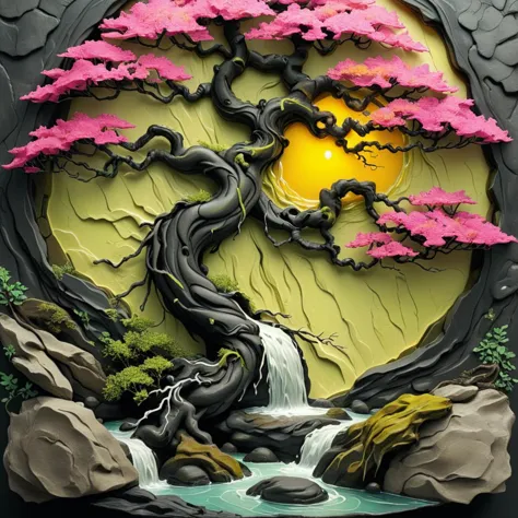 Abonnieren, keine Menschen, waterfall, Imaginäre Landschaft, Bonsai-Landschaft, Der Stamm ist detailliert, trunk is hot pink, Schwarz ,and quartz, Blätter sind chartreuse, Sonne ist gelb, Im Stil einer geschnitzten Reliefs, Prägung, Enkaustik, Papierhandwerk