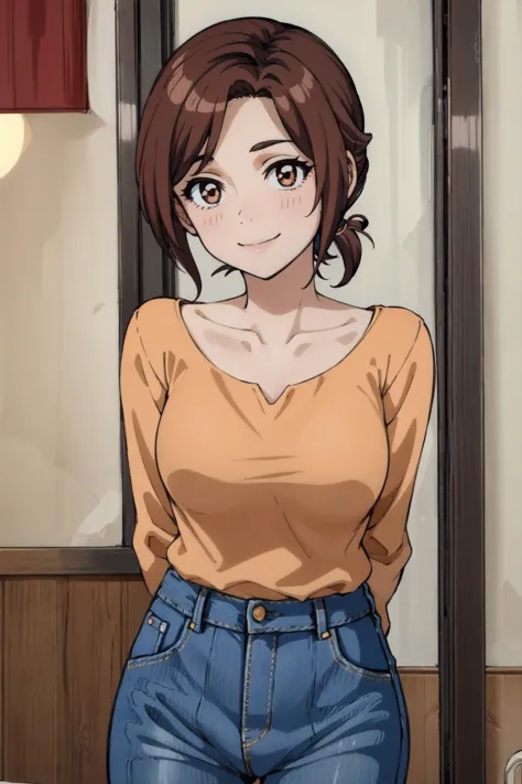 arajin mom, 1girl, brown hair, solo,jeans, brown eyes, standing, short hair, indoors, smile, long sleeves, salmon shirt, looking...