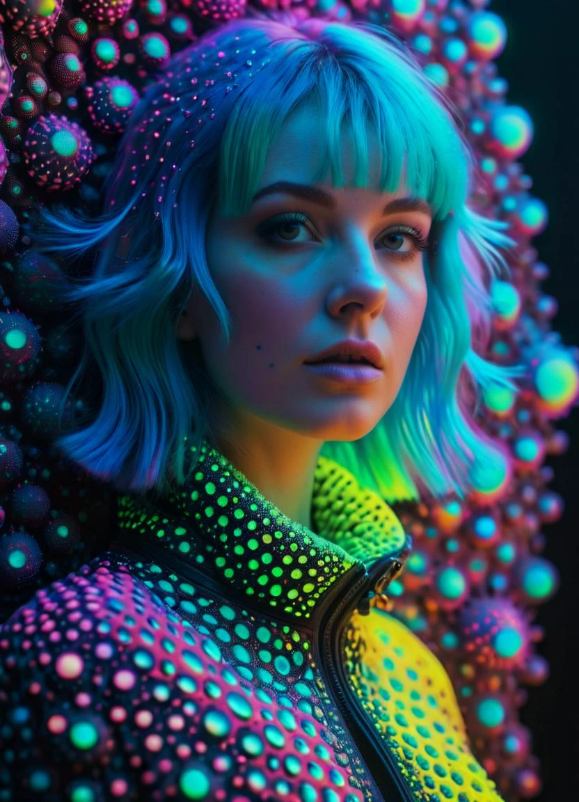 mujer vistiendo diseños de moda inspirados en radiolarios tripofobia dispersión subsuperficial, PhotoRealista, HyperRealista, estilo analógico, Realista, fotografía de cine, iluminación suave, sombra pesada, Esquema de color ombre de rosa neón, Azul Neón, Amarillo neon, verde neón, Naranja neón,