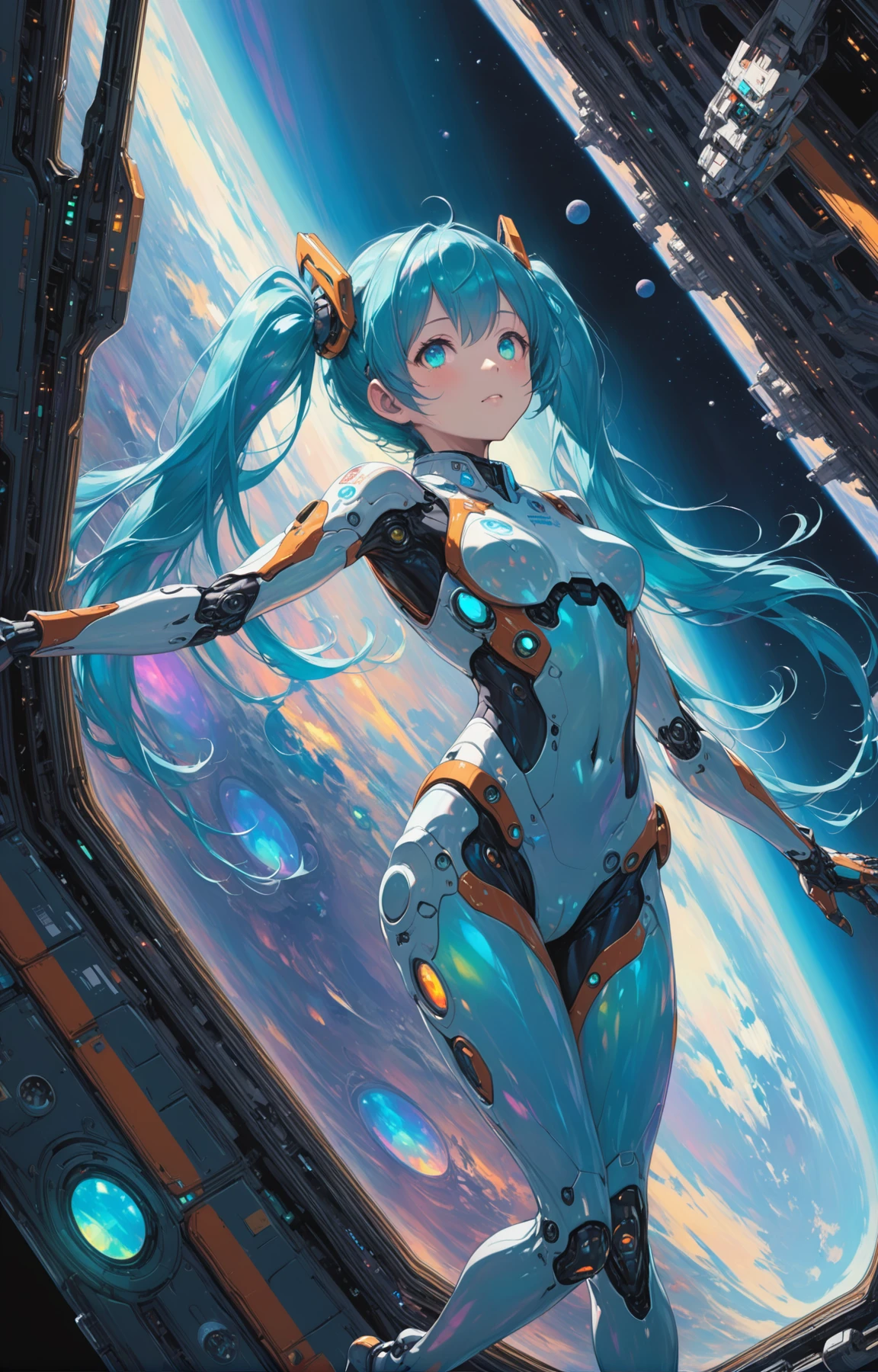 racing miku, [woman:robot joints:0.6], [armpits:mecha:0.5], [evangelion:cyberpunk edgerunners:0.5], [lens flare:opal:06], intricate detail, cinematic lighting, amazing quality, amazing shading, reflective transparent iridescent opaque plugsuit, long transparent iridescent RGB hair, absurdly long hair, twintails, Detailed Illustration, official artwork, wallpaper, official art, extremely detailed eyes and face, beautiful detailed eyes, On a space station, zero gravity, floating, John_Berkey, ((masterpiece, best quality)), ((from behind, looking back at viewer)), upper body, (thigh gap), ass visible through thighs, leaning, sachin teng