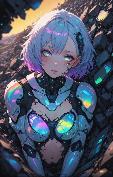 a broken ruined cyborg girl in a landfill, robot, beautiful face, body is broken with scars and holes, laying on the ground, 8K,...
