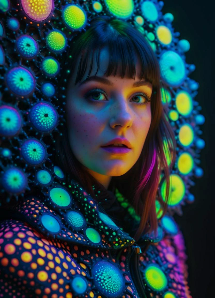 woman wearing Fashion designs inspired by radiolarians trypophobia subsurface scattering, Photorealistic, Hyperrealistic, analog style, realistic, film photography, soft lighting, heavy shadow, Ombre color scheme of neon pink, neon blue, neon yellow, neon green, neon orange,