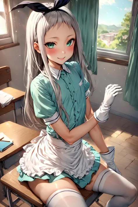 anime girl sitting on a desk in a classroom with a window