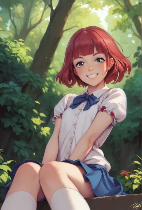 anime girl sitting on a bench in the woods with her legs crossed