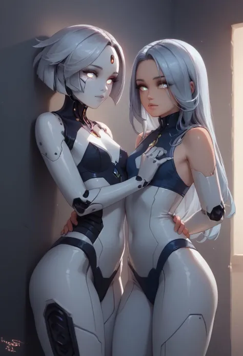 score_9, score_8_up, score_7_up, 2 girls, 18 year old robot girls, pinup pose, cute pose, hands sensually touching each others b...