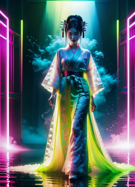 a woman in a kimono outfit standing in front of neon lights