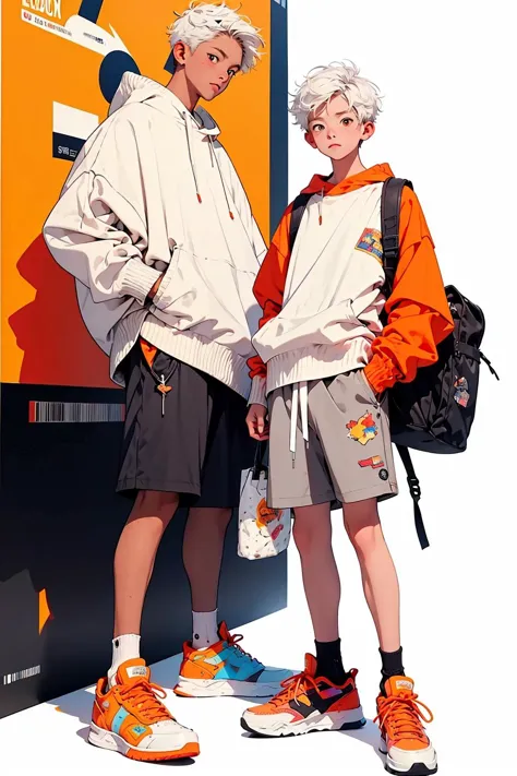 two people standing next to each other wearing orange and white outfits