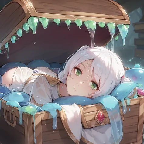 anime girl laying in a wooden chest with a blue blanket