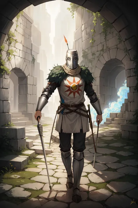 a man in armor walking through a stone archway with a sword