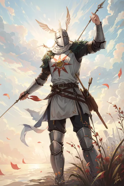 a painting of a knight with a sword and a flag