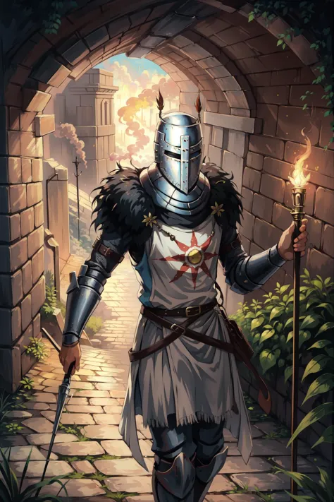 a painting of a knight in armor walking through a tunnel