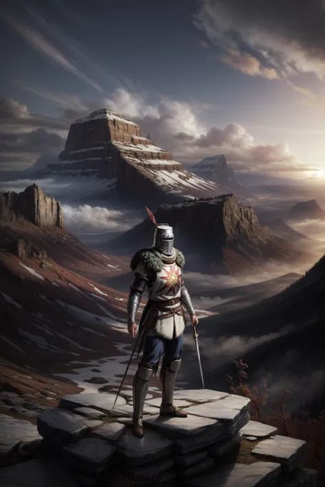 a man standing on a rock with a sword in front of a mountain