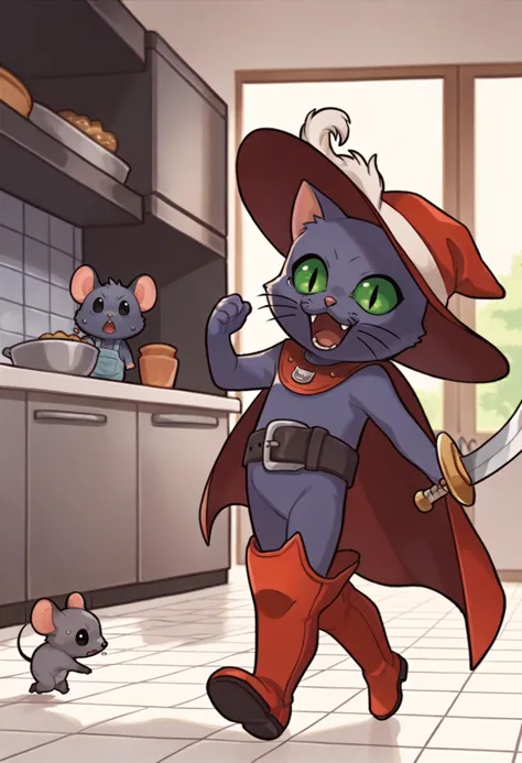 cartoon of a cat dressed as a pirate running in a kitchen