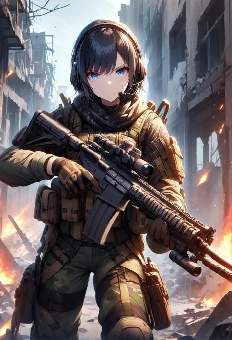 1girl,solo,intense black hair,short hair,asymmetrical cut,buzz cut,beautiful eyes,blue eyes,gloves, military, headset,camouflage...