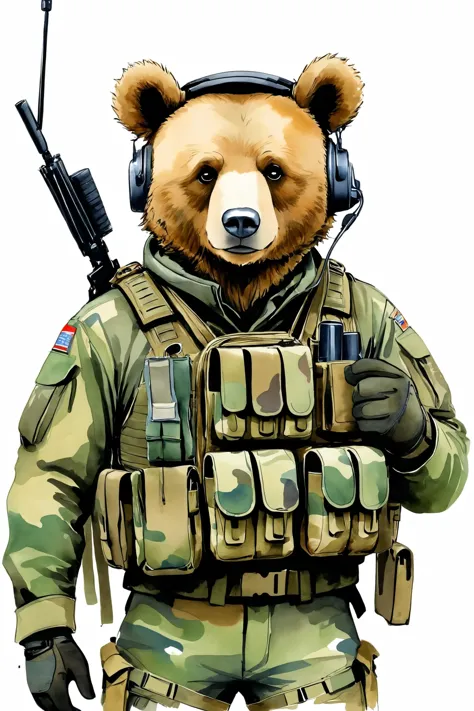 GLOVES, MILITARY, HEADSET,CAMOUFLAGE, LOAD BEARING VEST, SLING,WEARING EPTACTICAL, <lora:edgTacticalSDXLv1:1>
a cute bear one way to the new world,  ralph steadman style character, line hand darwn style, watercolor, minimalism, front view,
amazing, beautiful, breathtaking, astonishing, brilliant,