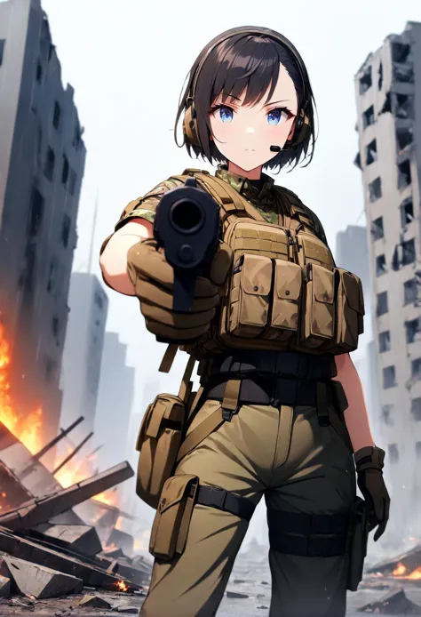 1girl,solo,intense black hair,short hair,asymmetrical cut,buzz cut,beautiful eyes,blue eyes,gloves, military, headset,camouflage, load bearing vest, sling,wearing epTactical,high boots,pointing pistol against viewer,ruins,fire,destroyed buildings,debris,raining heavily,masterpiece,best quality,ultra detailed,