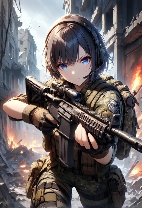 1girl,solo,intense black hair,short hair,asymmetrical cut,buzz cut,beautiful eyes,blue eyes,gloves, military, headset,camouflage, load bearing vest, sling,wearing epTactical,high boots,Assault Rifle,wielding black assault rifle,aiming at viewer,ruins,fire,destroyed buildings,debris,raining heavily,masterpiece,best quality,ultra detailed,<lora:add-detail-xl:1.5>, <lora:tactical_wear_sdxl:0.6>, <lora:XL_Weapon_Assault_Rifle_-_By_HailoKnight:0.95>