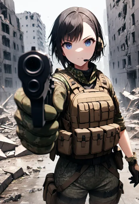 1girl,solo,intense black hair,short hair,asymmetrical cut,buzz cut,beautiful eyes,blue eyes,gloves, military, headset,camouflage...