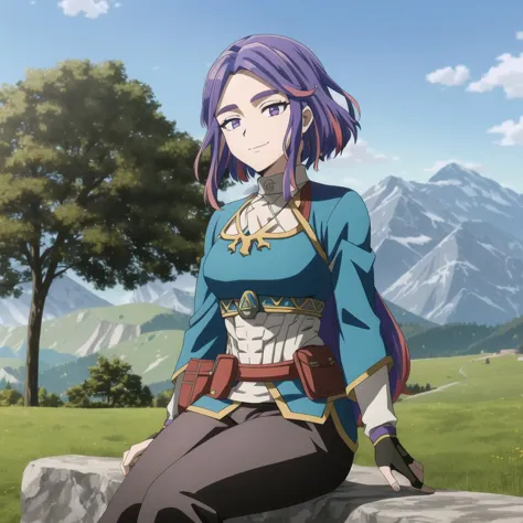 a woman sitting on a rock in a field with mountains in the background