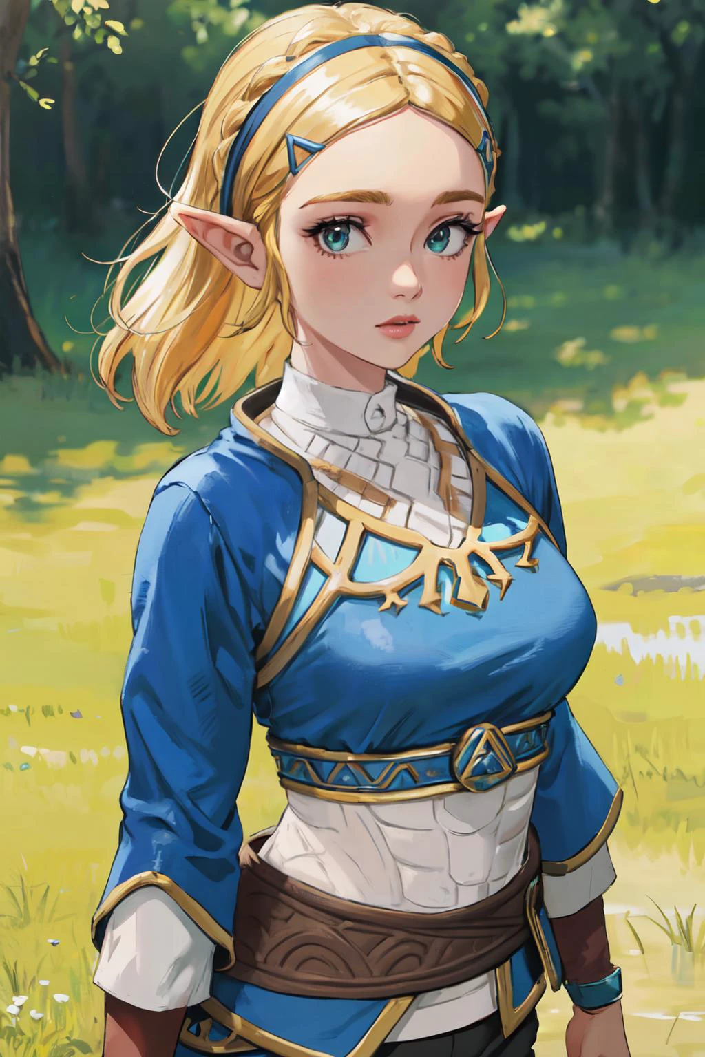 zelda botw outfit
(best quality, masterpiece, RAW photo,ultra-detailed:1.2), 1girl,solo,looking at viewer,  