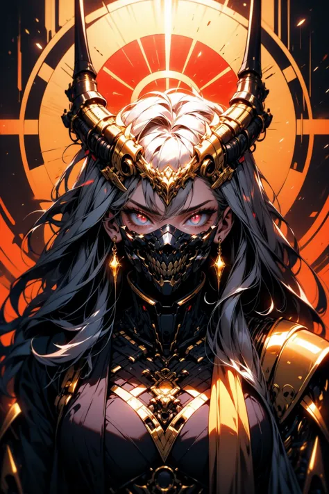 a woman with a horned face and a sword in front of a sun