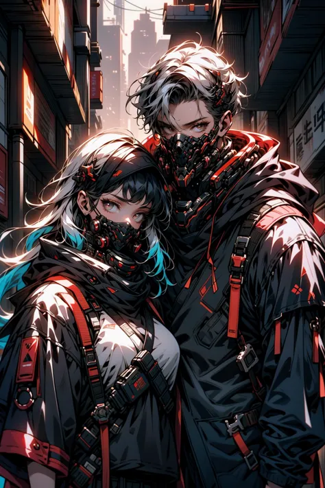 a man and woman in a city with a red and black hoodie