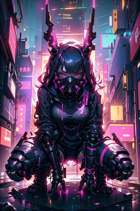 (masterpiece:1.4), (intricate:1.2), (detailed:1.2), (vibrant colors:1.2), BREAK,
(cyberpunk:1.0), (science fiction:1.0), (neon:1.0), (pink theme:1.2), (glowing:1.0), BREAK
(solo:1.0), (delinquent:1.0), (squatting:1.0), (spread legs:1.0), (hood:1.0), (bangs:1.0), (techwear:1.0), (gas mask:1.1), (mechanical neck:1.1), (mechanical horns:1.0), ( CyberpunkAI:1.0), <lora:Ghost_Mask_V2_Gold_Edition:1.2>,  <lora:CyberPunkAI:0.8>, BREAK,
(night:1.2)