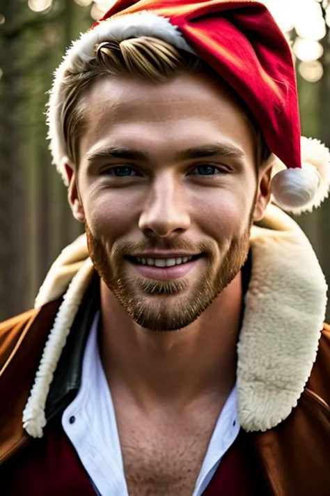 Ultra Realistic cinematic Photo of a bearded neat blonde smiling 23yo male model, full-body from above, with slim-fit muscles and six-pack (which you even while he is covered with a Santa couth). He is in snowly forest .The man is zoomed, high detailed skin, high detailed face, realistic pupils, realistic eyes, high detailed eyes, realistic iris, 4k UHD, soft lighting, high quality, film grain, Facing forward, from side