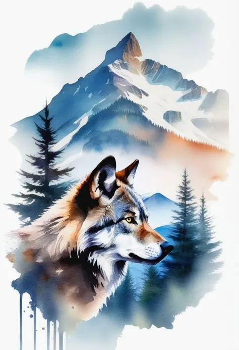 Double exposure of a wolf and a mountain, natural scenery, Watercolor.