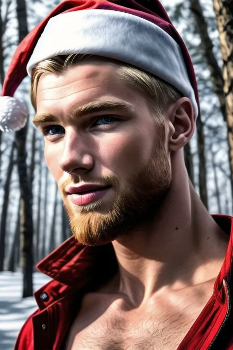 a close up of a man wearing a santa hat in the woods