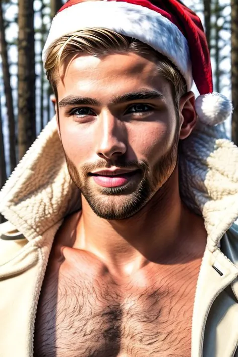 Ultra Realistic cinematic Photo of a bearded neat blonde smiling 23yo male model, full-body from above, with slim-fit muscles and six-pack (which you even while he is covered with a Santa couth). He is in snowly forest .The man is zoomed, high detailed skin, high detailed face, realistic pupils, realistic eyes, high detailed eyes, realistic iris, 4k UHD, soft lighting, high quality, film grain, Facing forward, from side