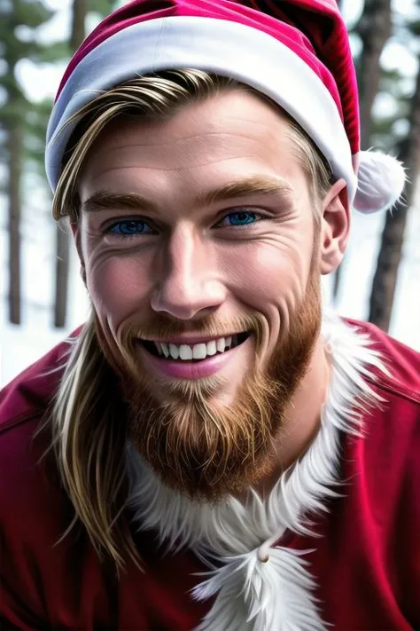 Ultra Realistic cinematic Photo of a bearded neat blonde smiling 23yo male model, full-body from above, with slim-fit muscles and six-pack (which you even while he is covered with a Santa couth). He is in snowly forest .The man is zoomed, high detailed skin, high detailed face, realistic pupils, realistic eyes, high detailed eyes, realistic iris, 4k UHD, soft lighting, high quality, film grain, Facing forward, from side