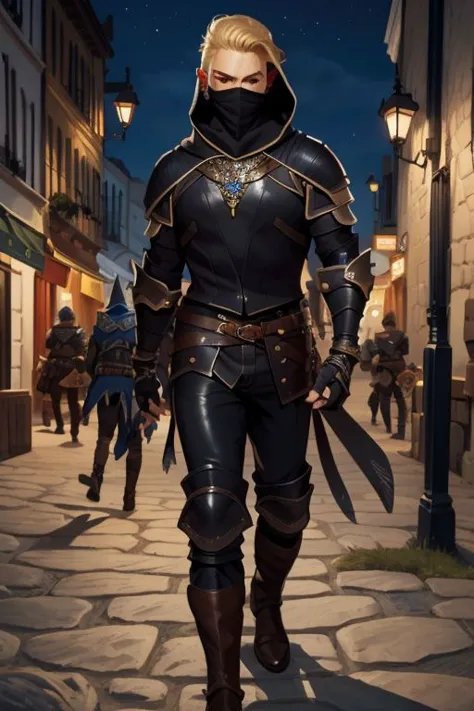 (Pathfinder art:1.2), (masterpiece, best quality), intricate details, 1boy, single character, blonde hair, necklace, black rogue armor, boots, leather pants, black hood, piercing, full body, night <lora:add_detail:1>