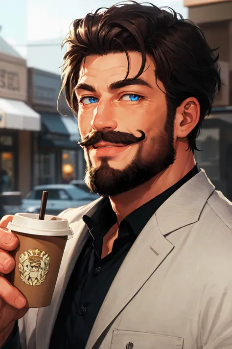 detailed face, detailed eyes, official art,  HoldingACupofCoffee  EasyMalePortrait