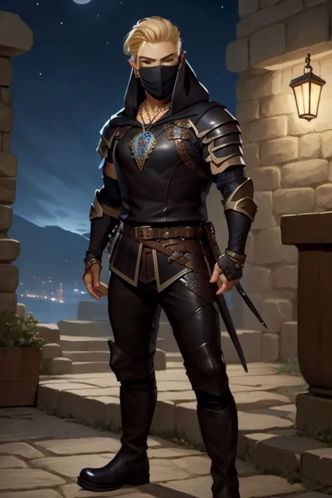 (Pathfinder art:1.2), (masterpiece, best quality), intricate details, 1boy, single character, blonde hair, necklace, black rogue armor, boots, leather pants, black hood, piercing, full body, night <lora:add_detail:1>