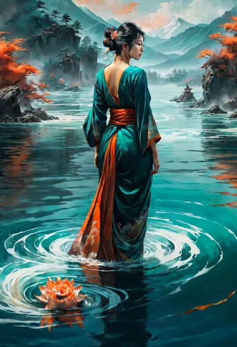 a woman in a green dress standing in a body of water