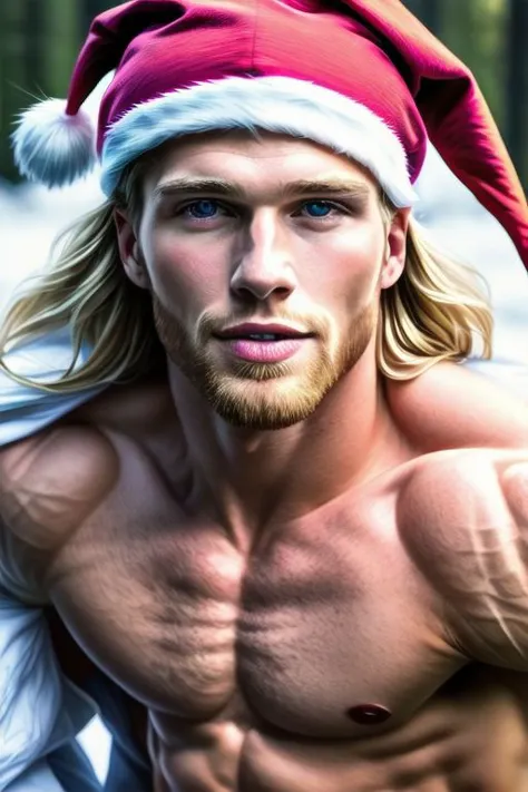 Ultra Realistic cinematic Photo of a bearded neat blonde smiling 23yo male model, full-body from above, with slim-fit muscles and six-pack (which you even while he is covered with a Santa couth). He is in snowly forest .The man is zoomed, high detailed skin, high detailed face, realistic pupils, realistic eyes, high detailed eyes, realistic iris, 4k UHD, soft lighting, high quality, film grain, Facing forward, from side