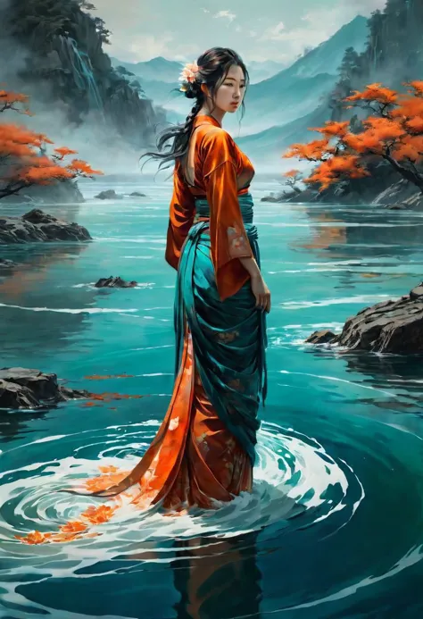 masterpiece, best quality, 8k, HDR, RGB, oil paints, watercolor, ink,   a woman standing in the middle of a body of water, artwork in the style of guweiz, teal orange color scheme, fibonacci flow, inspired by Xuande Emperor, still from the movie the arrival, onsens, depicting a flower, sekiro, swirling liquids, exalted, inspired by KanM Sanraku
Anna Razumovskaya, Bastien Lecouffe-Degarme, Carn Griffiths, E. Abramzon, Raphael, Caravaggio,