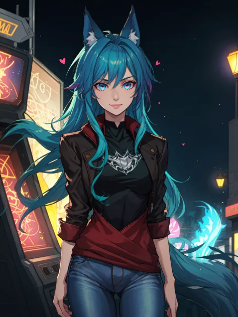 a close up of a person with blue hair and a cat ear