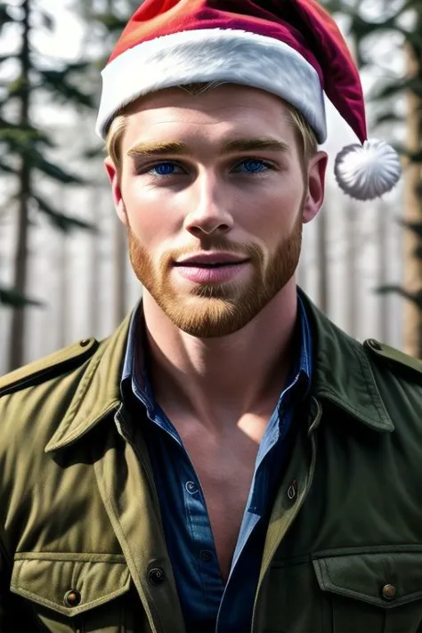 Ultra Realistic cinematic Photo of a bearded neat blonde smiling 23yo male model, full-body from above, with slim-fit muscles and six-pack (which you even while he is covered with a Santa couth). He is in snowly forest .The man is zoomed, high detailed skin, high detailed face, realistic pupils, realistic eyes, high detailed eyes, realistic iris, 4k UHD, soft lighting, high quality, film grain, Facing forward, from side