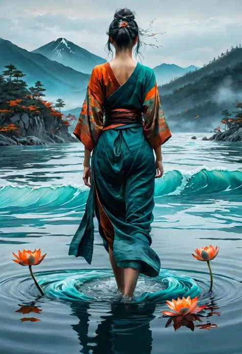 a woman in a kimono walking through a body of water with flowers