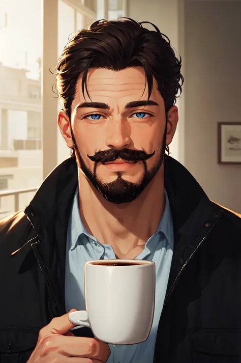 detailed face, detailed eyes, official art,  HoldingACupofCoffee  EasyMalePortrait