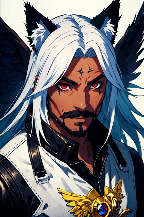 a close up of a person with white hair and a sword