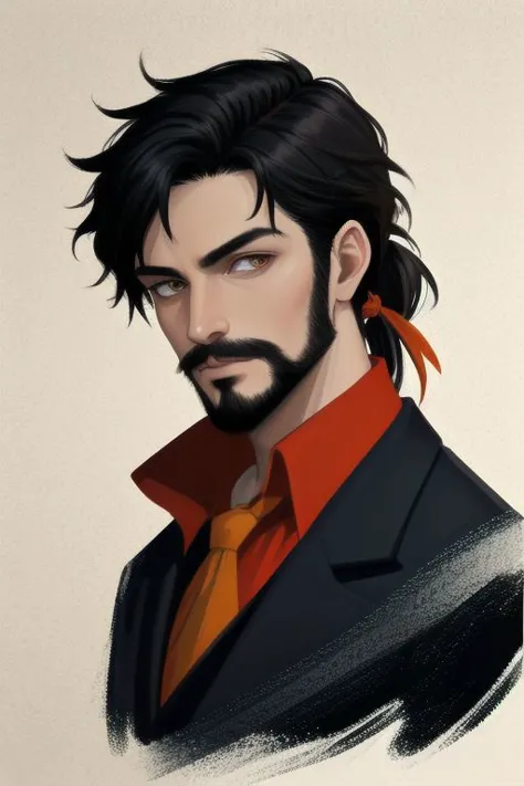 EasyMalePortrait, (high quality, Highres, Masterpiece),
1 male, black hair, (low ponytail), (black VanDyke Beard, moustache and goatee with (cheeks shaved)),
celtic heritage, lean, muscles, red shirt, black vest, black trousers, Ascot, dark victorian suit, adventurer, 
((amber eyes, gold eyes, orange eyes)),