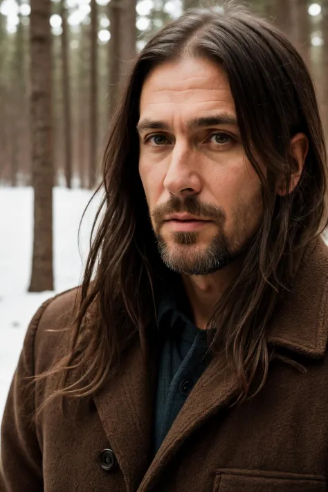 photo portrait of 50 yo man, eye contact, long hair, winter forest on background, realism, photorealism, hyperrealism, (insane details:1.3), 35mm