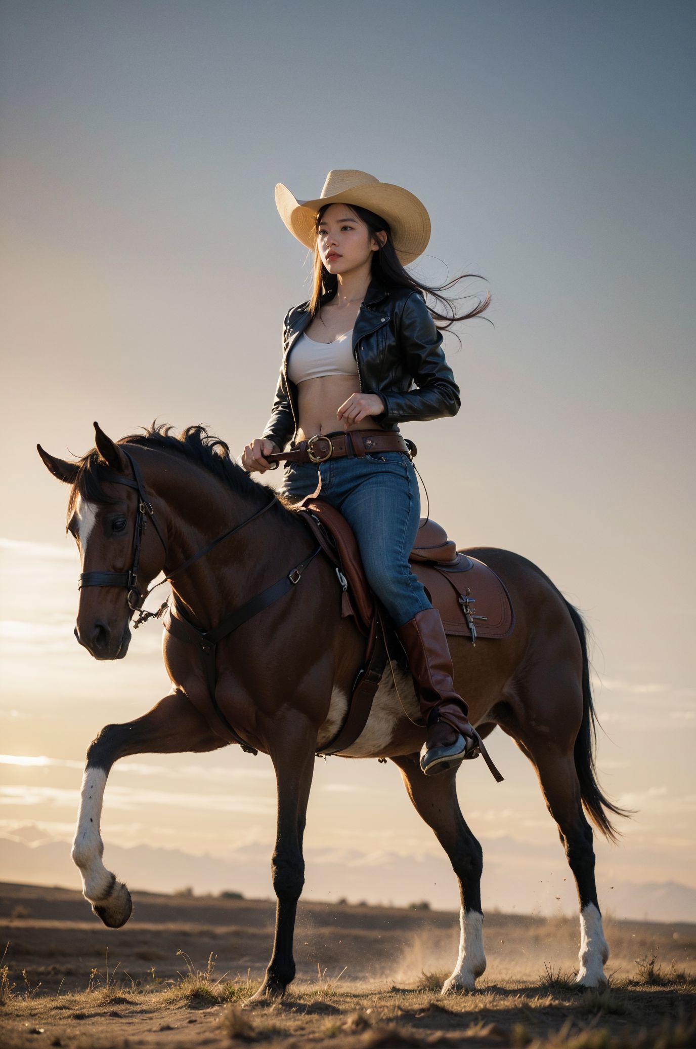 Woman in cowboy hat riding a horse in a field - SeaArt AI