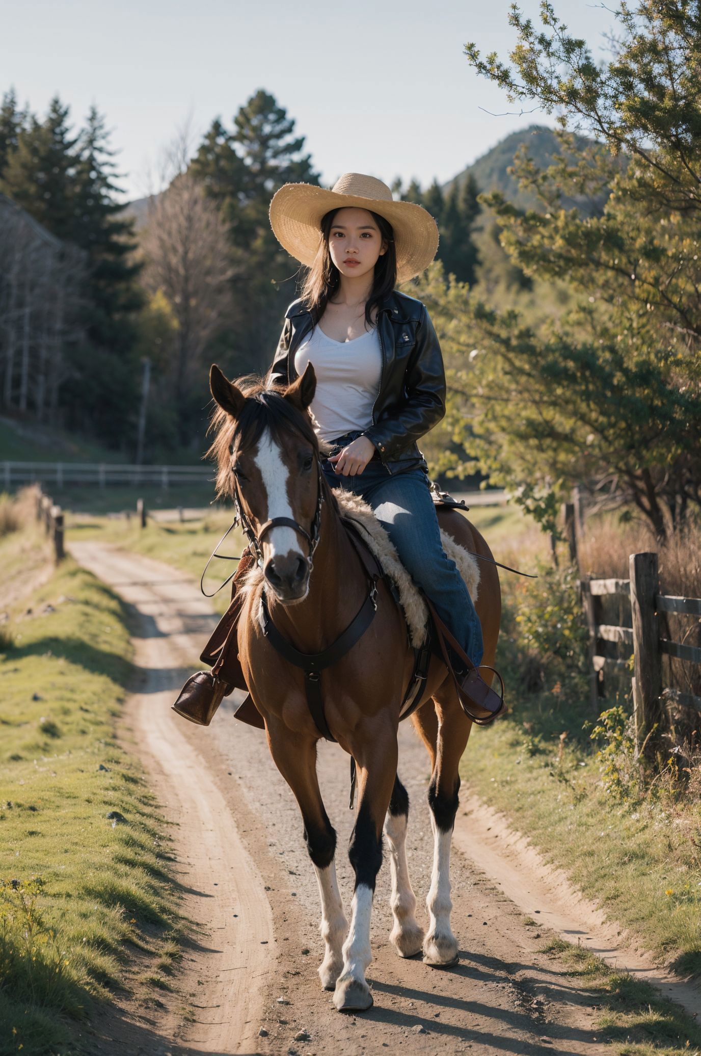 Woman in cowboy hat riding a horse down a dirt road - SeaArt AI